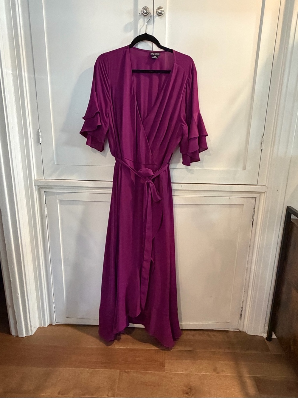 City Chic Fuchsia Wrap Dress with Ruffle Sleeves